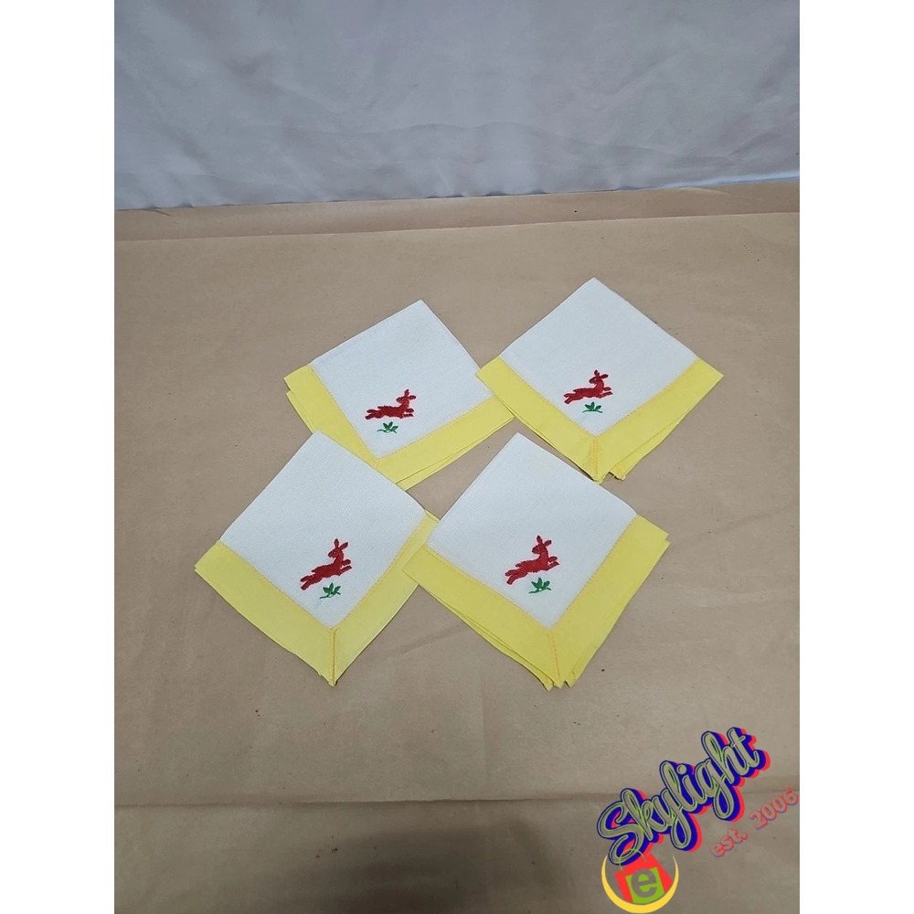 Vintage Lot of‎ 4 Yellow Linen Napkins – Hand Embroidered Beige Rabbit Design